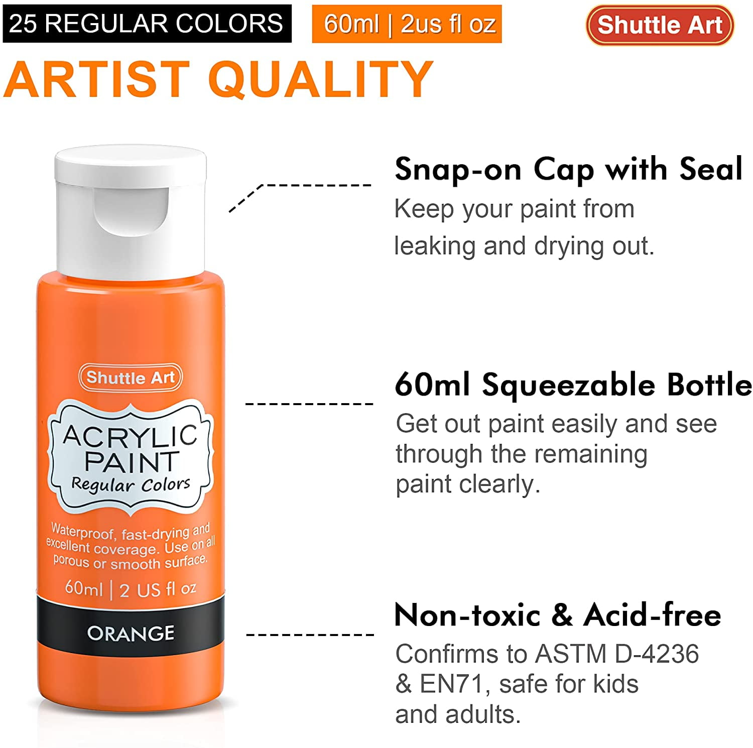 (3 pack) Acrylic Paint, Shuttle Art 25 Colors Acrylic Paint Set, 2oz/60ml Bottles, Rich Pigmented, Waterproof, Premium Acrylic Paints for Artists, Beginners and Kids on Canvas Rocks Wood Ceramic Fabric