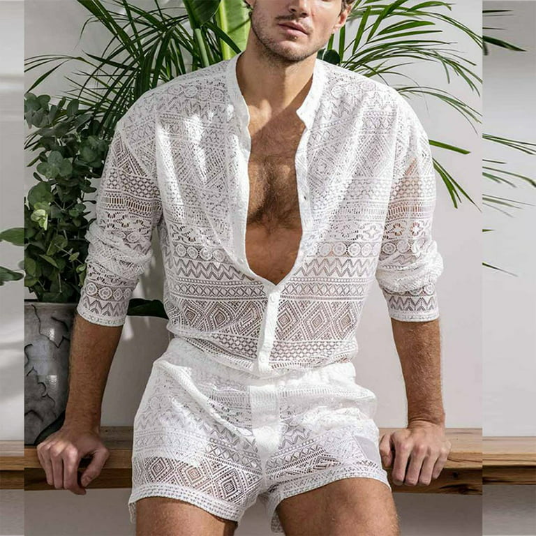 Gaiseeis Mens Sexy Top Shorts Suit Set Floral Long Sleeve Lace Shirt Set  Shorts Pants Hollow Outfit For Wedding Night White XXL 
