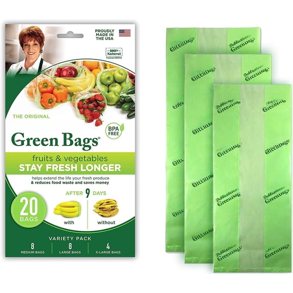 , GreenBags 20-Pack (8M, 8L, 4XL) | Storage Bags Keeps Fruit, Vegetables, Produce, Cut , Kitchen & Fridge Preservation Solution, , the