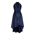 thumbnail image 4 of VEKDONE High Low Prom Dresses for Women Elegant V-Neck Halter A-Line Pleated Satin Party Gowns Tie Waist Navy M, 4 of 8