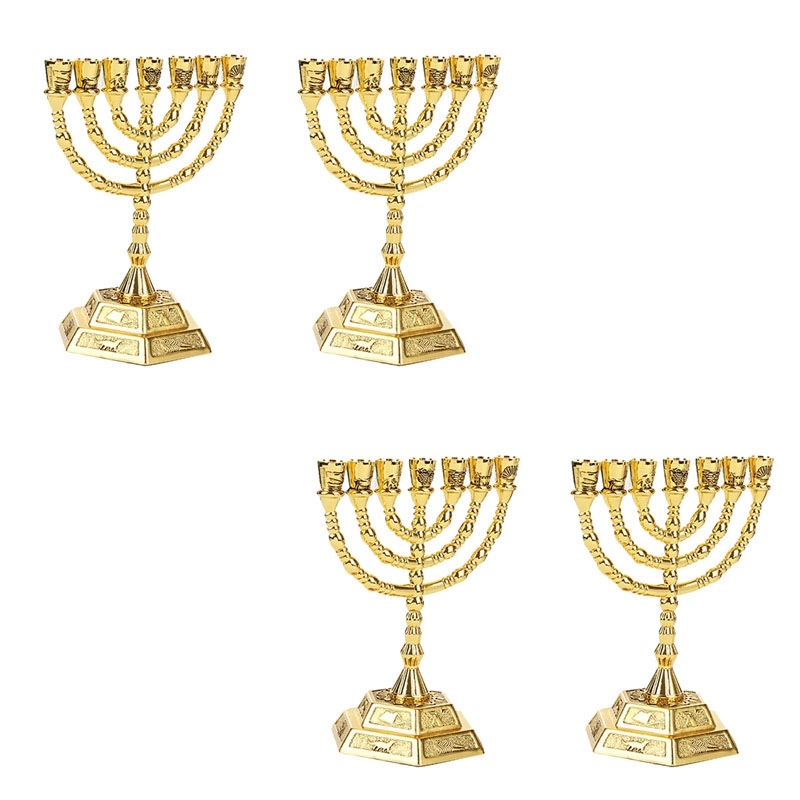 4X Golden Jewish CandleHolders Religions Candelabra Hanukkah
