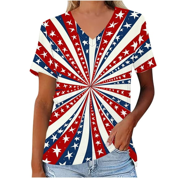 ZQUUVOU 4Th Of July V Neck Patriotic T-Shirts Women American Flag Print Short Sleeve Tops C-Red (M)