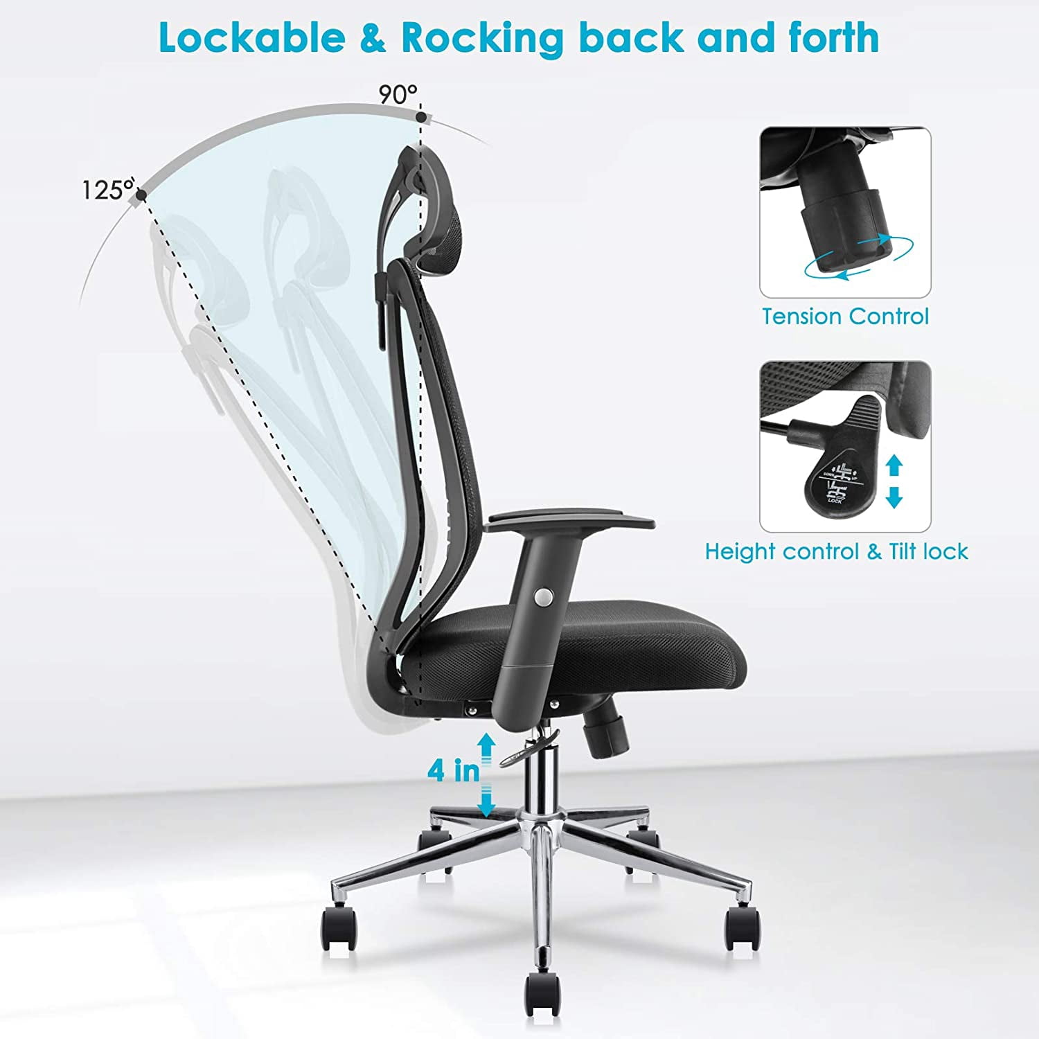 NewGen Ergonomic High Back Office Chair with Adjustable Arms, Headrest Support, S-Shaped Back, 3.2" Thicker Cushion, Back Tilt, Breathable Mesh, Durable Casters for Smooth Mobility. Stylish Black