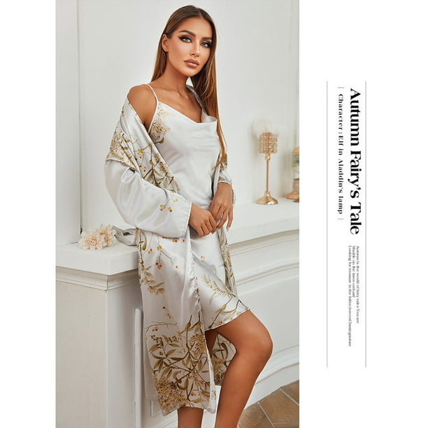 Women's Silk Satin Pajamas Sets 2Pcs Floral Silky Pj Robe Set with