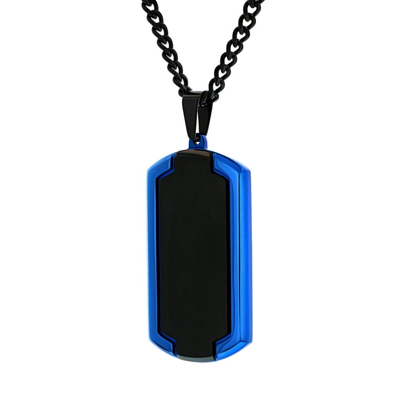 Mens Stainless Steel Blue Two-Tone Dog Tag Pendant Necklace Chain