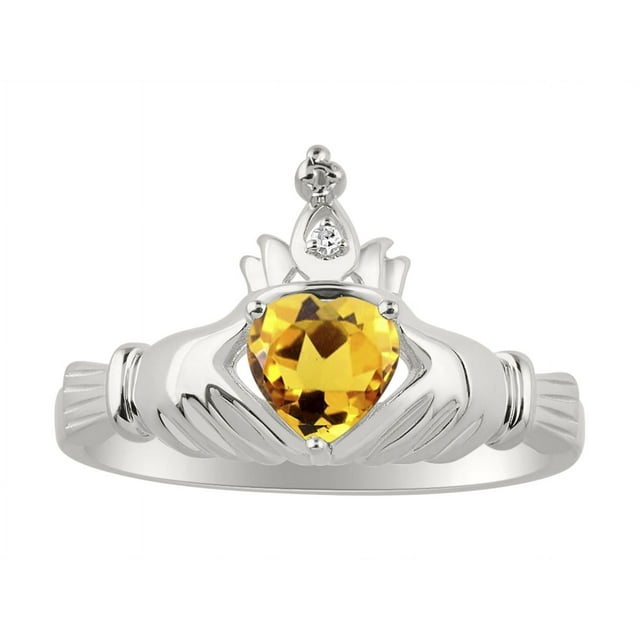 RYLOS Rings Sterling Silver Claddah Love, Loyalty & Friendship Ring Heart 6MM Gemstone & Diamond Claddagh Rings November Citrine Jewelry Size 10