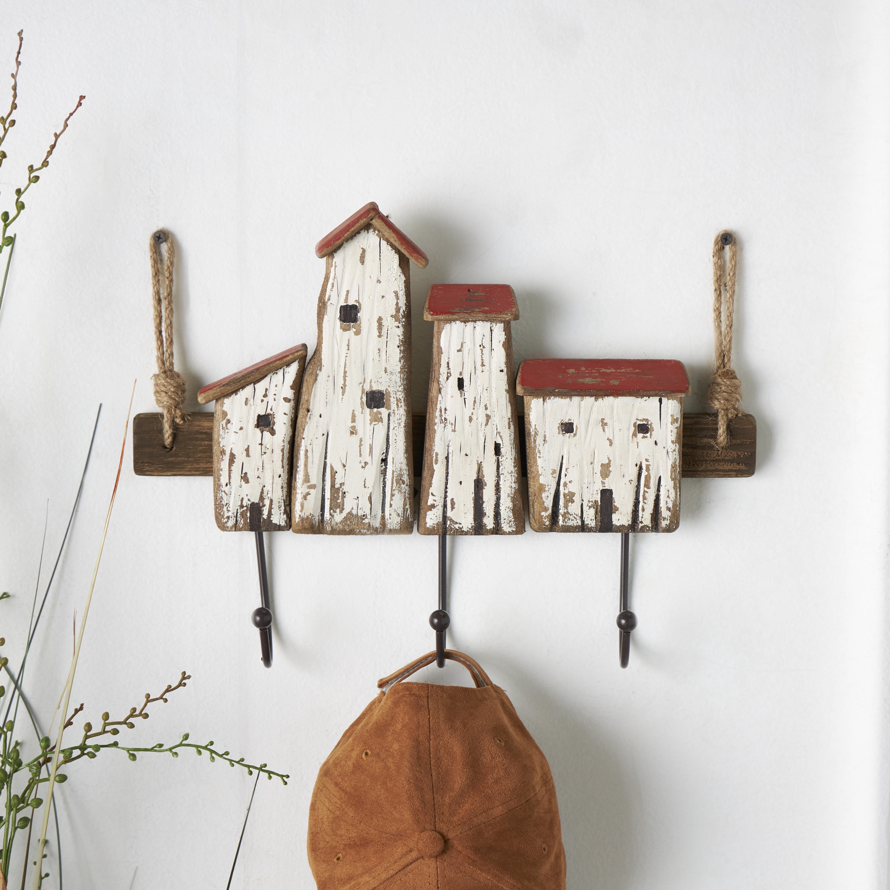 DecMode 16" x 11" Cream Wood Handmade Distressed House 3 Hanger Wall Hook with Red Roof Accents and Hanging Rope, 1-Piece