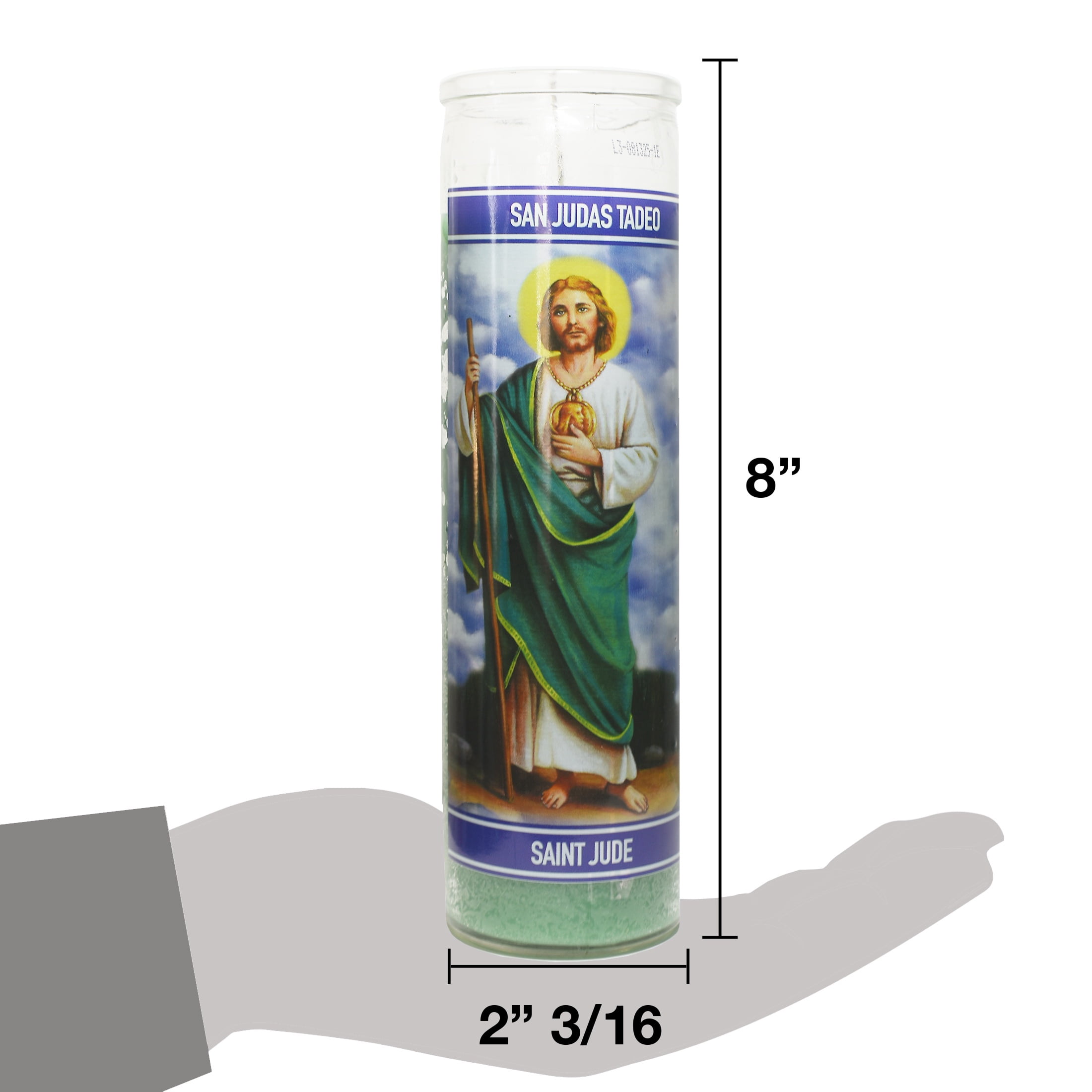 Luminaria San Judas Green Translucent Label Unscented Religious Candle in Glass, 8 inches Tall