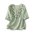 thumbnail image 2 of XUNKUSGA Summer Tops for Women Casual V Neck Short Sleeve Tops Cotton Linen Embroidery Floral Fashionable Vacation Blouse, 2 of 7
