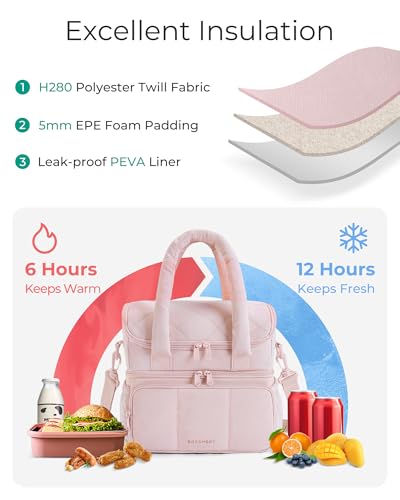 BAGSMART Lunch Bag Women, Double Deck Insulated Lunch Box, Quilted Puffer Lunch Tote, Leakproof, Durable & Reusable Large Lunch Cooler For Work Picnic Travel Meal Prep, Black