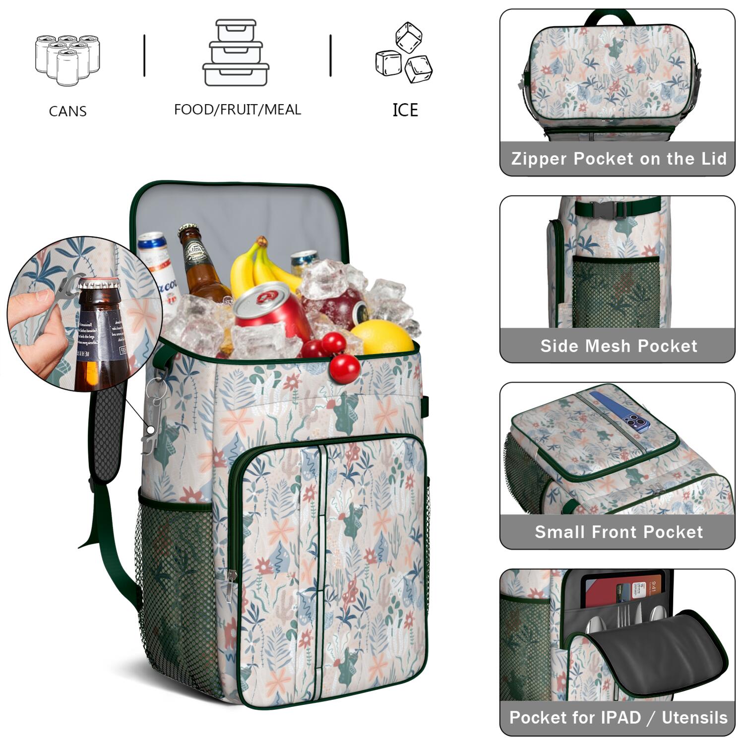 Travel Cooler Bag - Pioneer Flower Floral Print Pattern Camping Beer Cooler Backpack with Bottle Opener- Waterproof Insulated Picnic Backpacks - Cooler Bag for Beach