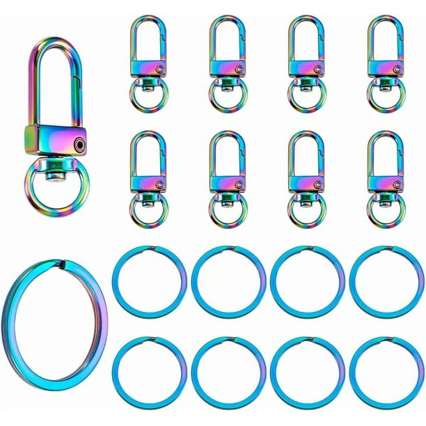 20 clips para llavero, 10 llaveros redondos de acero inoxidable 304 de 1 pulgada, 10 ganchos de metal con gatillo, llaveros con cordón iridiscente.