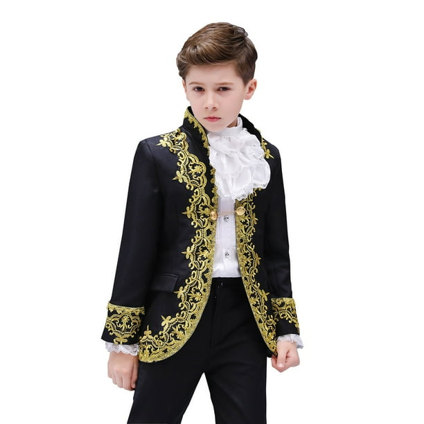 Traje de teatro de corte para niños y niños con vestido de actuación de príncipe azul en el escenario con flores doradas