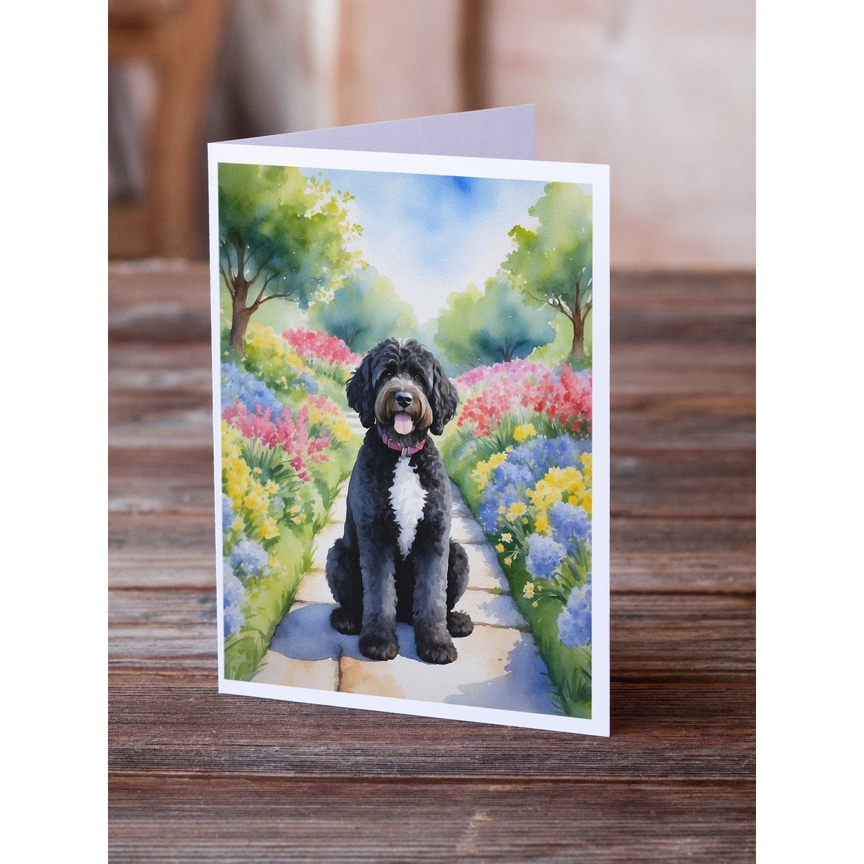 Portuguese Water Dog Spring Path Greeting Cards Pack of 8 7 in x 5 in