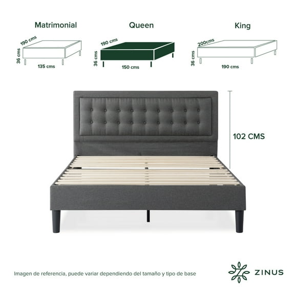 Base de Cama con Cabecera Queen Size Zinus Dachelle Tapizada Con Botones Gris Oscuro. Fácil Armado, para Todas las Edades.