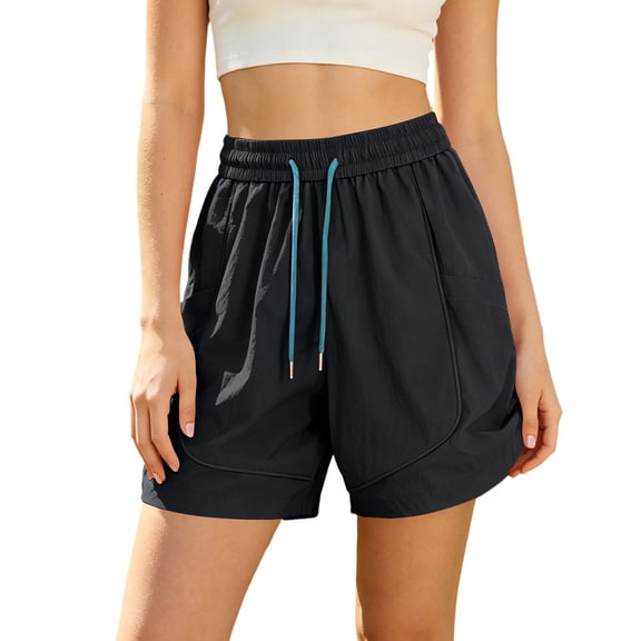 Levmjia Womens Sports Shorts High Rise Drawstring Elastic Waist Soft Stretch Solid Color Side Pockets Summer Running Hiking Gym Workout Yoga Daily Casual Outdoor Wear Fashion