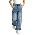 thumbnail image 2 of Lmnyox Wide Leg Jeans for Girls Baggy Cute Elastic Waist Denim Pants Teen Fashion Ruffle Jeans with Pockets, 2 of 9