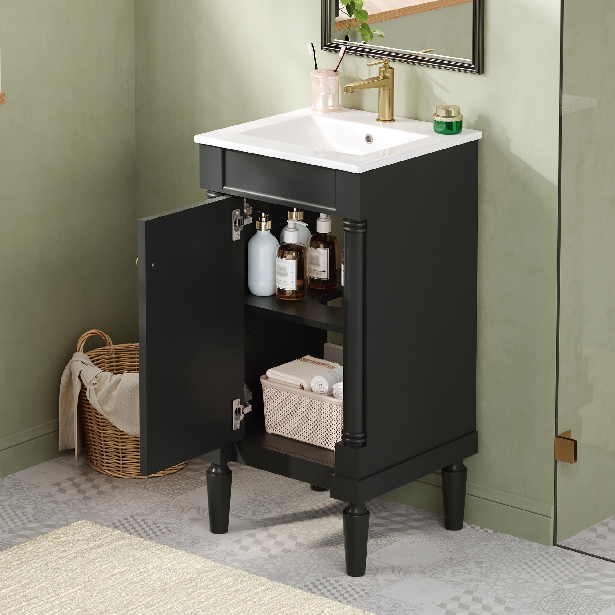 Euroco 18" French Style Bathroom Cabinet with Storage, Small Space Solution with Ceramic Sink, Adjustable Shelf, Soft-Closing Hinges