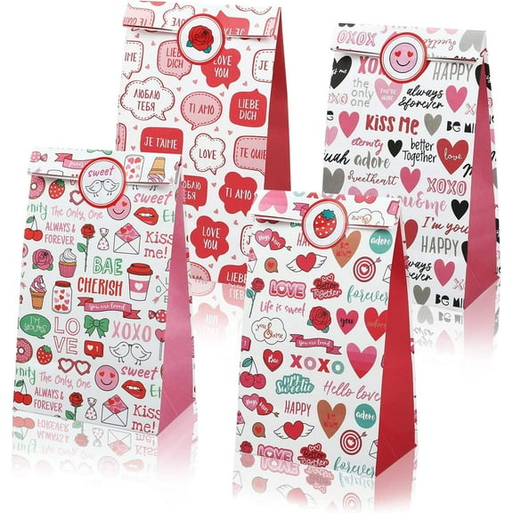 Naler Valentine's Day 12 Pcs Assorted Heart Love Paper Sack Goody Gift Treat Bags for Kids Adults Party Favor