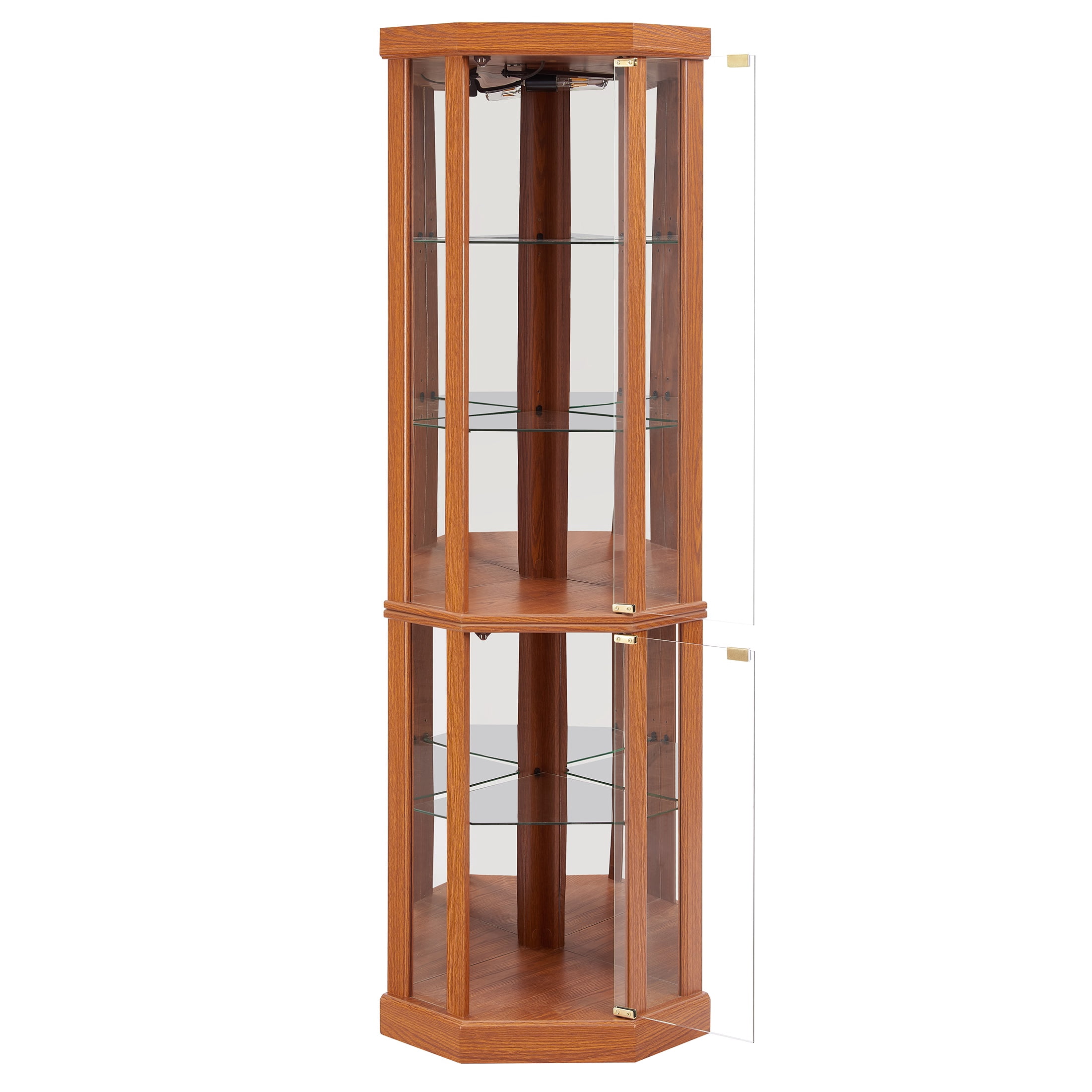 PORKISS Lighted 3-Side Glass Display Curio Cabinet with Tempered Glass Doors and Shelves, China Cabinet Wood Corner Cabinet with Bulb, Corner Curio Storage Rack for Bar, Liquor Storage, Dark Oak