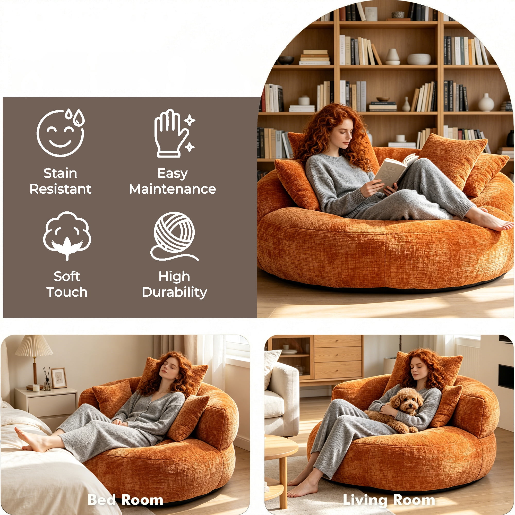 MOONMISS Oversized Bean Bag Chair, Chenille Lazy Bean Bag Sofa with Wrap-Around Backrest & Pillows for Living Room,Orange