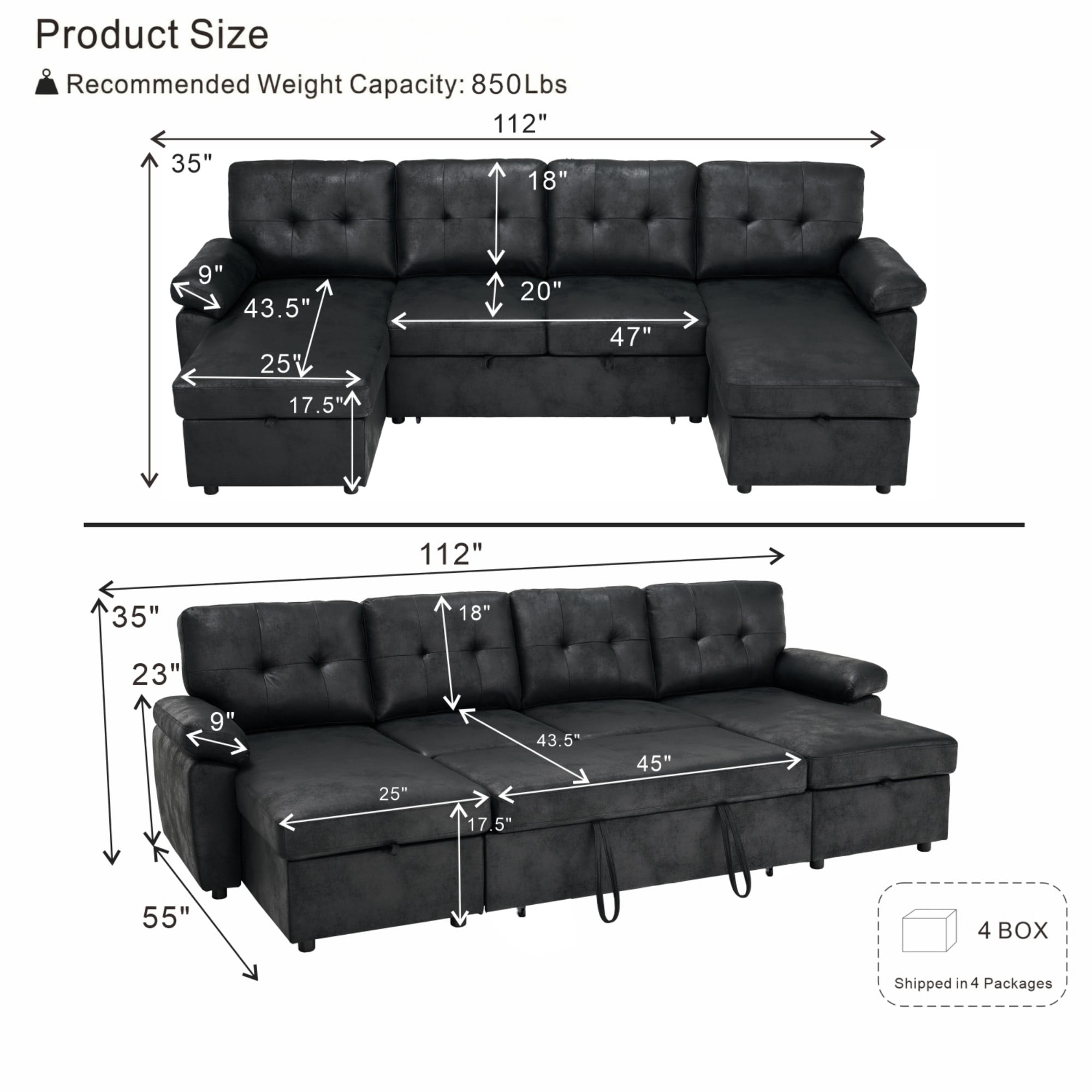BSHTI 112" Polyester Fabric U-Shaped Sectional Sleeper Sofa Bed with Pull-Out Bed,Tufted Back Cushions and Storage Chaise for Living Room(Black)