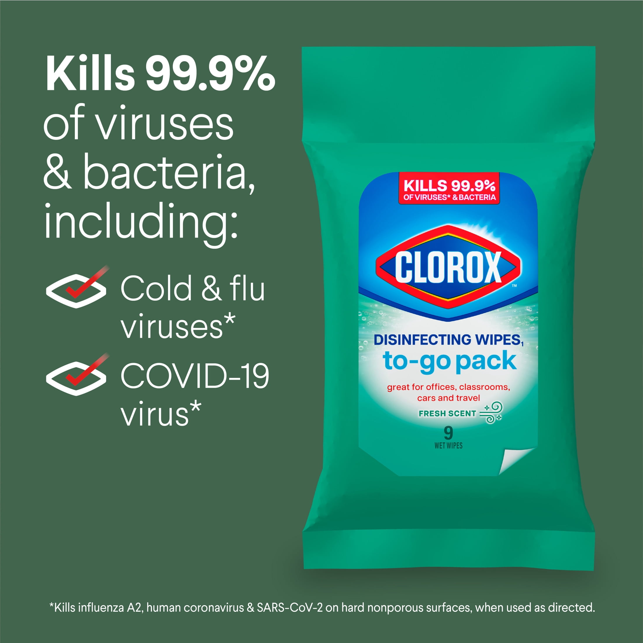 Clorox Disinfecting Cleaning Wipes To Go Pack, Bleach Free, Fresh Scent, 9 Count