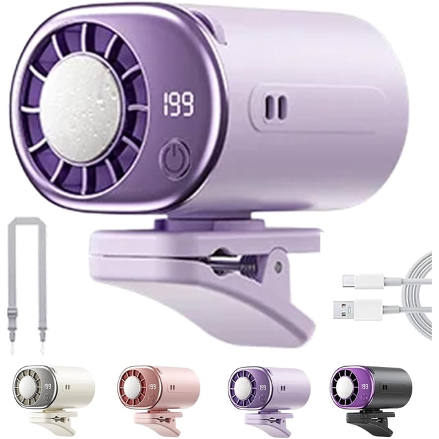 Ventilateur de Climatisation à Pince pour Voiture 2026 avec Affichage LED - Rotation à 360°, 199 Vitesses Réglables, Ventilateur de Refroidissement Personnel Rechargeable par USB, Semi-Refroidissement à 16°C, Pince Grand Détachable, pour Voiture (Violet)