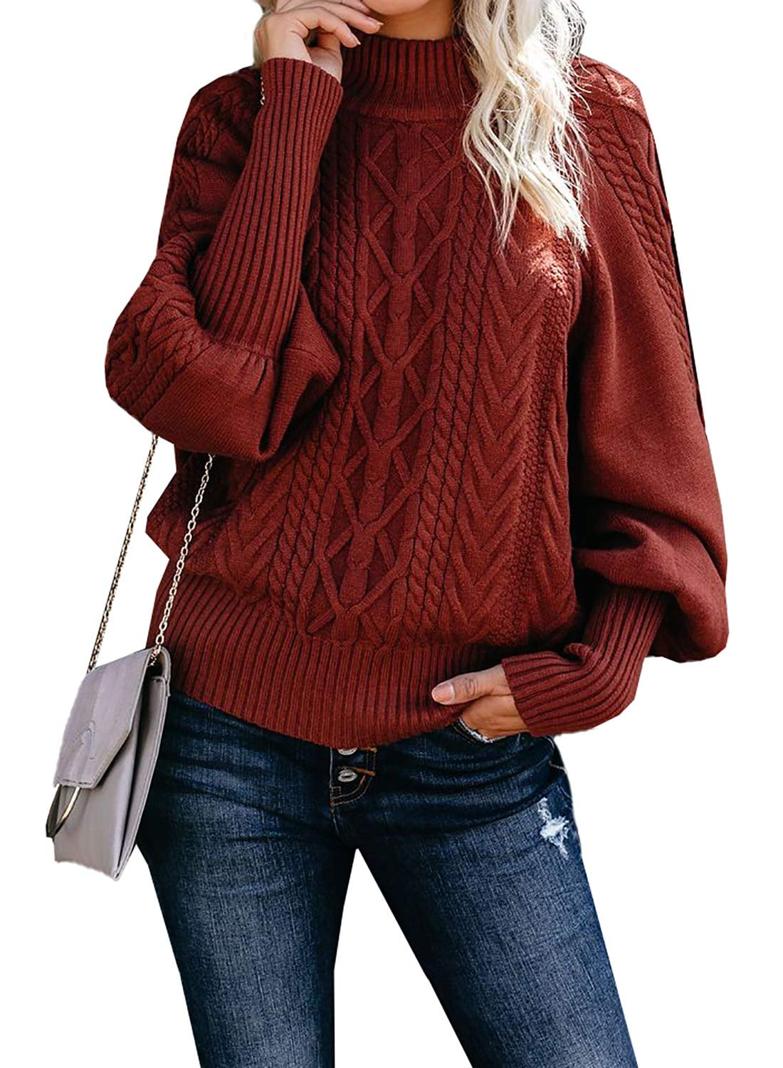 Red Womens Clothing Jumpers and knitwear Turtlenecks Boohoo Synthetic Knitted Roll Neck Balloon Sleeve Jumper in Rust 