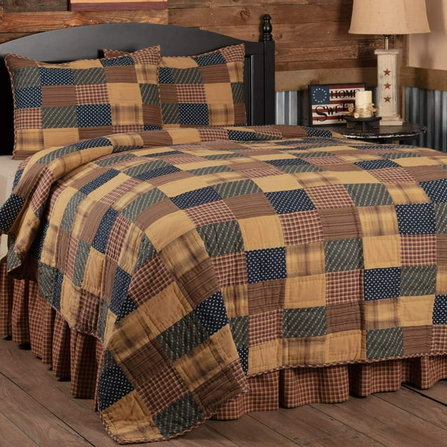 VHC Brands Patriotic Patch 3 Piece Queen Quilt Set Country Patchwork Design, Deep Red and Navy