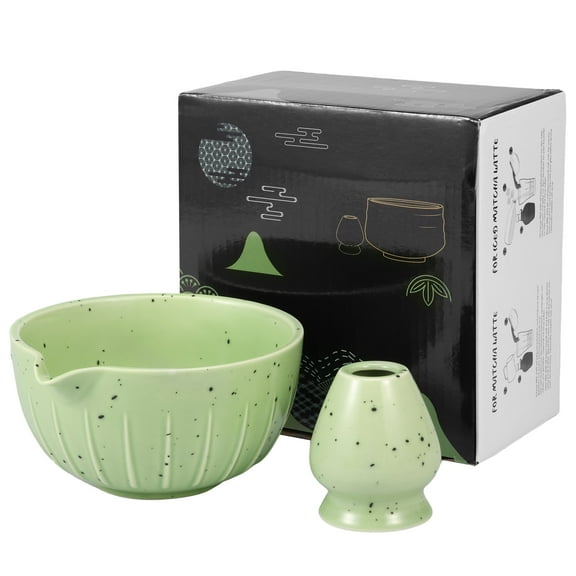Grusce 500ML 2PCS Matcha Whisk Set with Spout for Tea Lover Premium Ceramic Matcha Bowl and Whisk Holder Kit Heat Resistant for Home Camping of Tea
