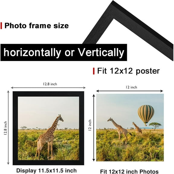 12x12 Black Wooden Picture Frame Set of 5, Shatter Resistant , Horizontal & Vertical Wall Decor