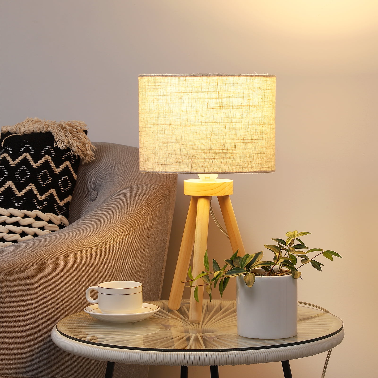 EDISHINE Small Table Lamp, Wood Tripod Bedside Lamp with Linen Fabric