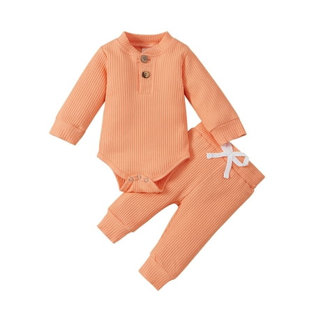 

Newborn Baby Boy Girl Clothes Set Ribbed Outfits Infant Solid Cotton Long Sleeve Tops Pants Sets