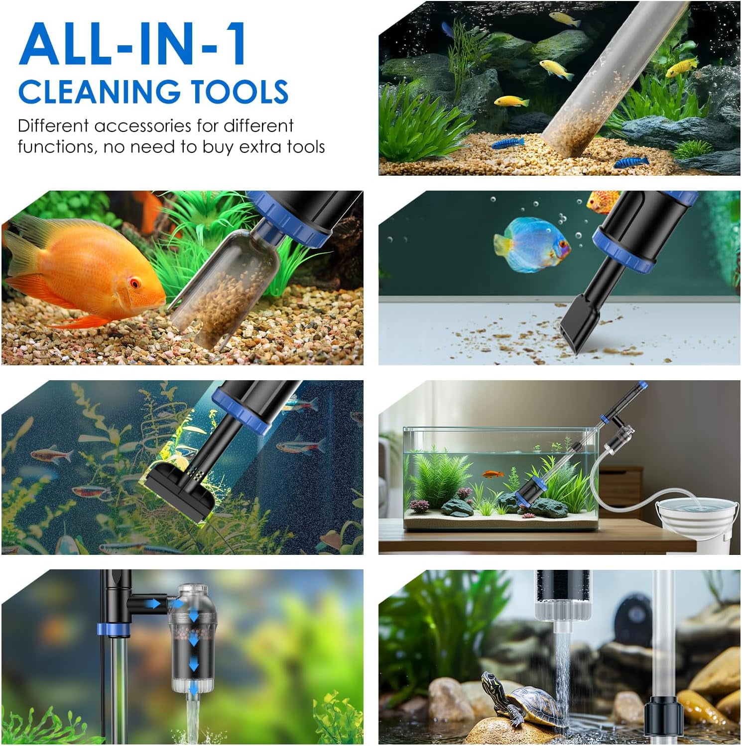 Tawatiler Electric Aquarium Vacuum Gravel Cleaner, 48W Fish Tank Cleaner Vacuum with Strong Suction for Water Change Wash Sand Algae Cleaner Water Shower and Water Circulation, Timed Off