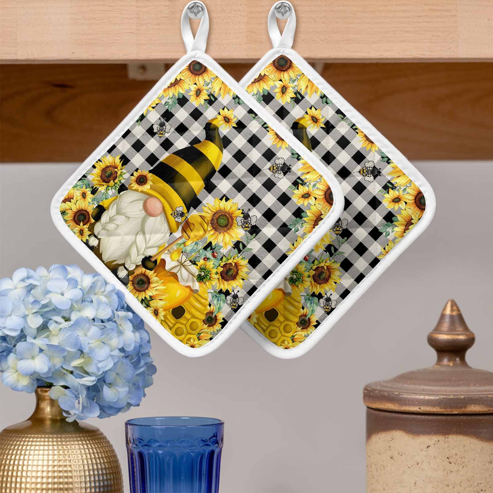 Yellow Sunflower Pot Holders for Kitchen Heatproof Potholder, 3 Pack Spring Summer Bee Gnomes Black Plaid Hot Pads Multipurpose Oven Pads Cloth Potholders Trivet for Cooking Baking