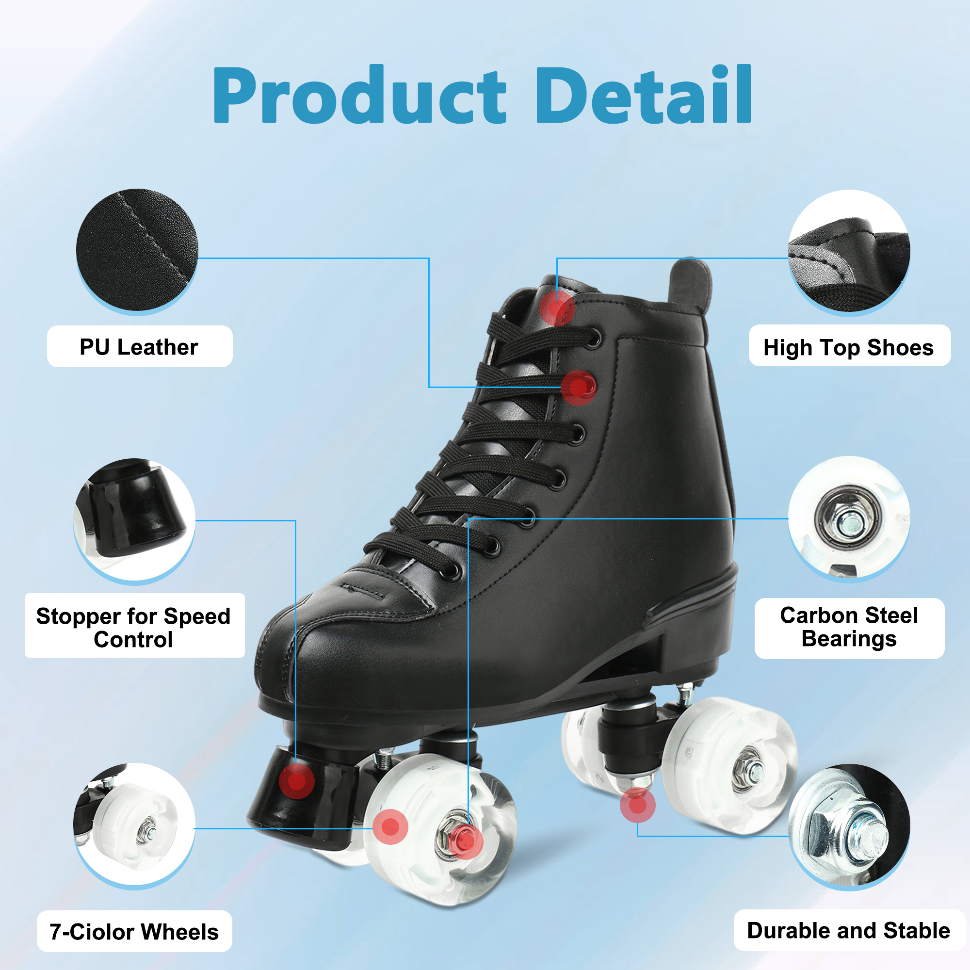 YANAOFFE Black Roller Skates for Adult Kids, Flashing Wheels Double Row ...