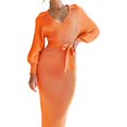 thumbnail image 5 of Gibobby Vestido de manga larga para mujer Vestido suéter de punto con cuello en V y manga larga para mujer, vestido largo Sexy ajustado con cinturón de Color sólido(Rojo,G), 5 of 5