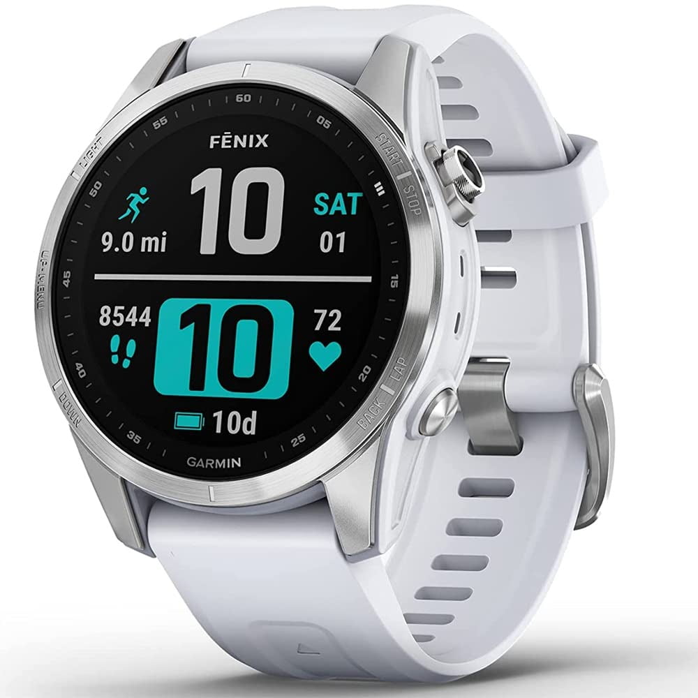 Restored Garmin Fenix 7S GPS Smartwatch Touchscreen Silver with Whitestone Band (Refurbished)
