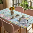 thumbnail image 3 of Easter Bunny Table Cloths for 3 Foot Rectangle Tables, Blue Easter Eggs Spring Floral Teal Wooden Patio Waterproof Elastic Fitted Tablecloths, Washable Rectangular Table Cover for Camping, 3 of 8