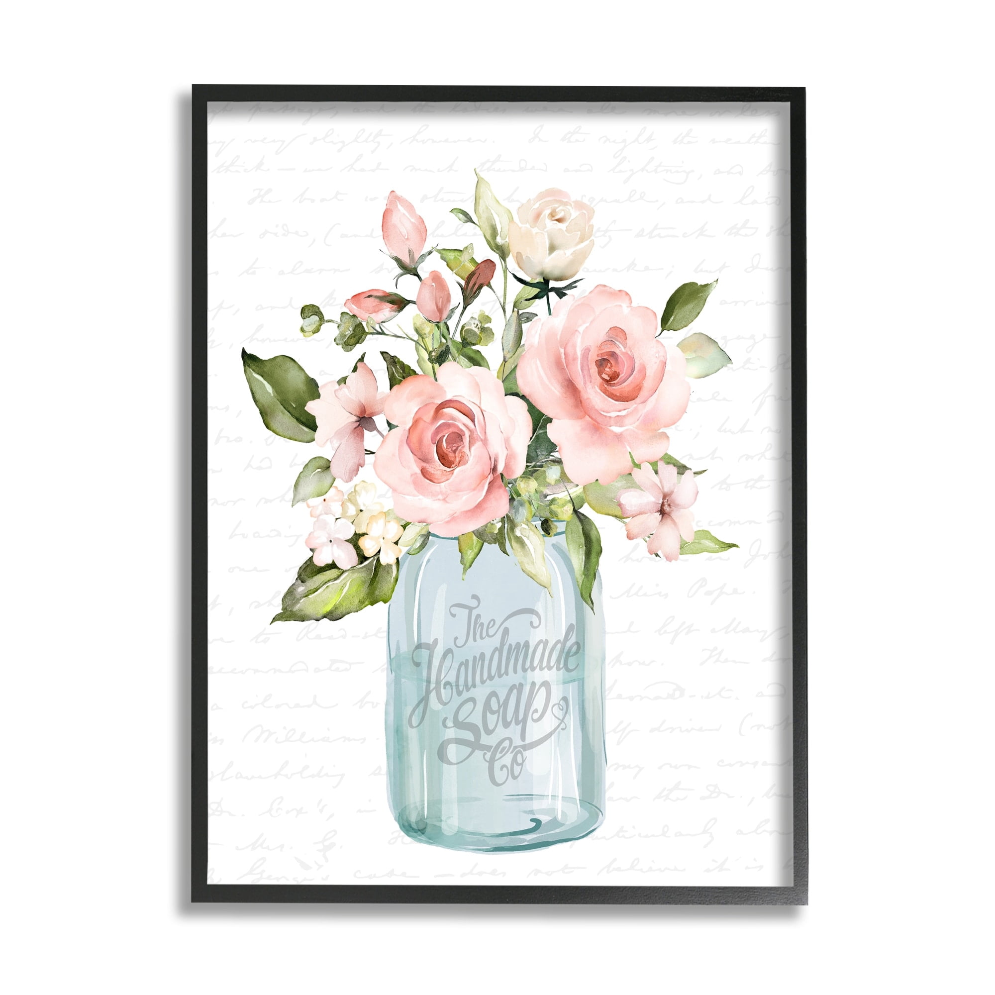 Stupell Industries Pink Rose Blooms Country Vase Patterned Script Graphic Art Black Framed Art Print Wall Art, Design by Lettered and Lined