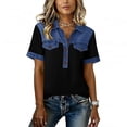 thumbnail image 6 of Womens Denim Buttons Decor Western Tops Splicing V Neck Dressy T-Shirt Patchwork Collared Casual Blouses Black 2XL, 6 of 6
