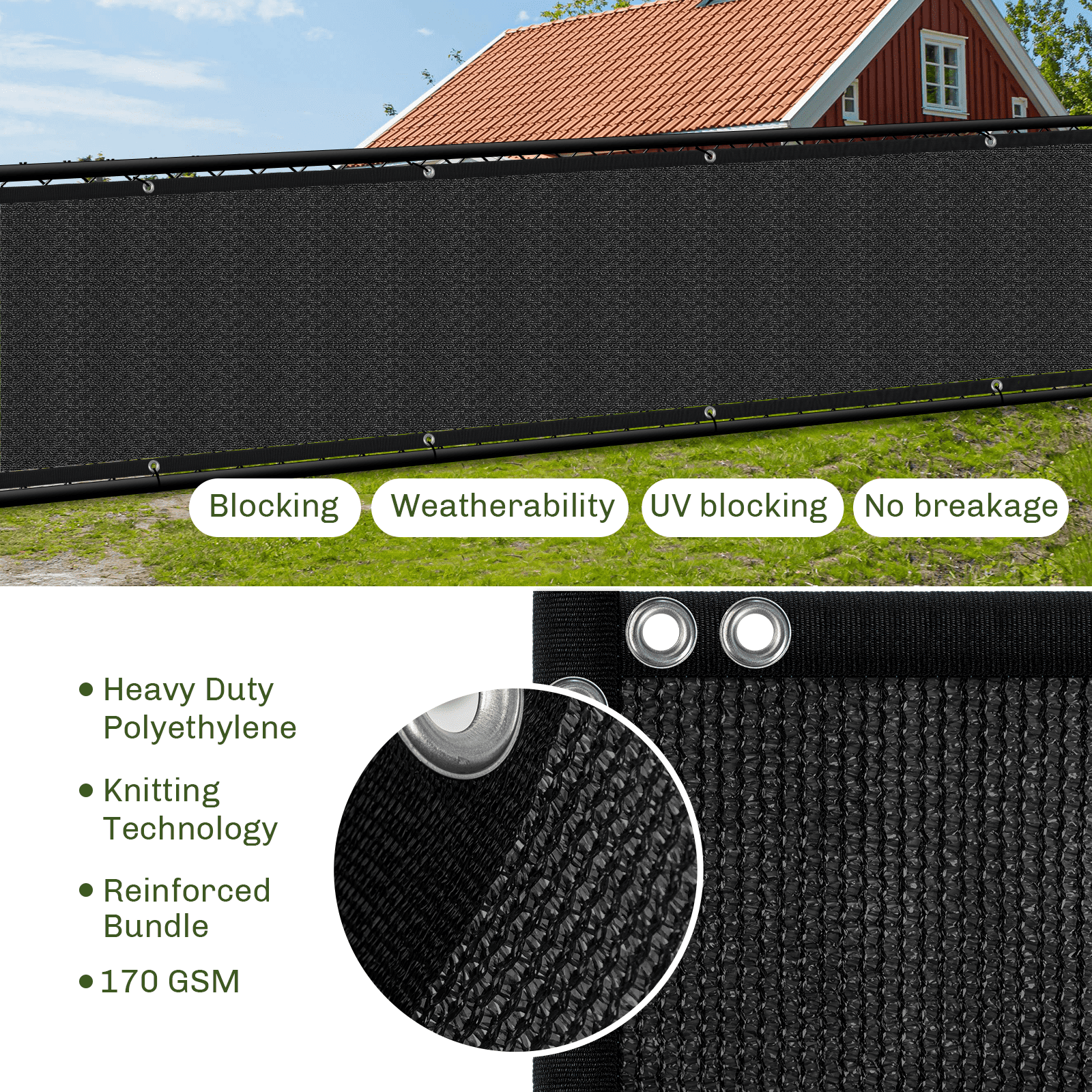 6x50ft Fence Privacy Screen, Outdoor Balcony Shade Cloth with 90% Shade Rating, 170 GSM Polyethylene Fabric Black, 80PCS Zip Ties Included