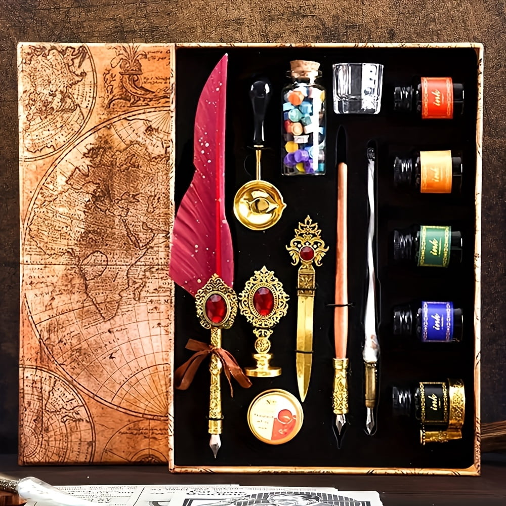 Halloween Vintage Quill Pen Set Calligraphy Glass Dip Pen Feather Pen Wax Seal Kit Multifunctional Letter Opener Reusable Writing Pen Ideal