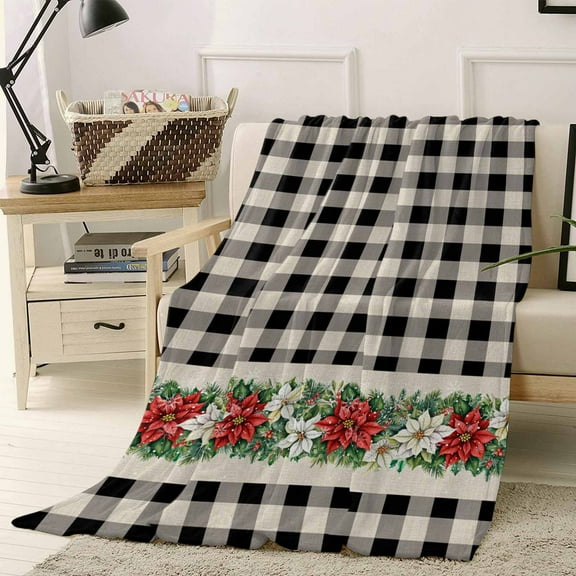 Black White Plaid Throw Flannel Blanket 50x80In Poinsettia Christmas Winter Flowers Super Soft Cozy Bed Blanket, Lightweight Plush Fuzzy Bed Throw for Bedroom Sofa Couch Living Room