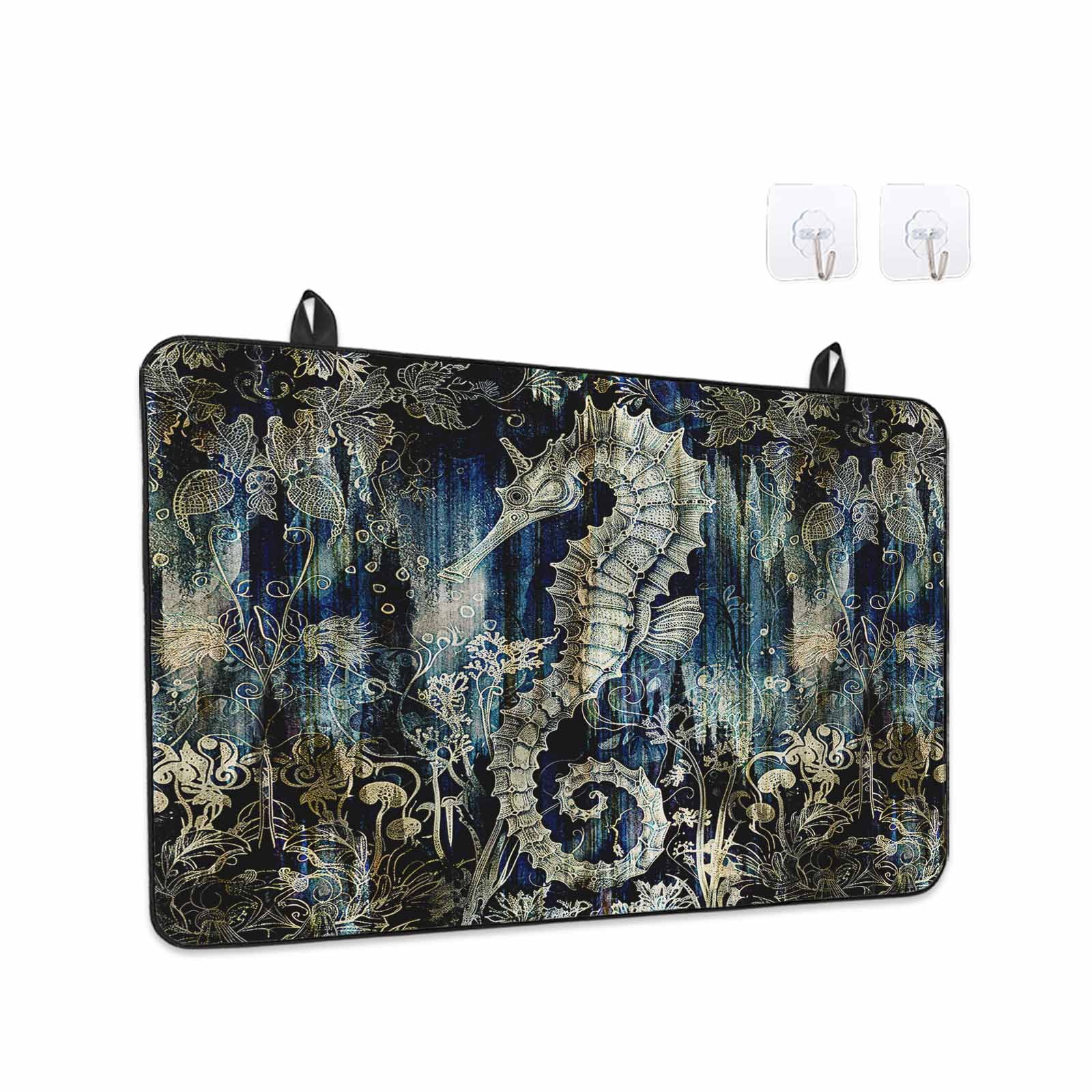 Sea Horse Stove Top Cover for Electric Stove, Heat-proof & Non Slip Glass Top Stove Cover Protector, Coastal Ocean Golden Navy Blue Floral Leaf Kitchen Flat Cooktop Rubber Mat 24x21 Inches