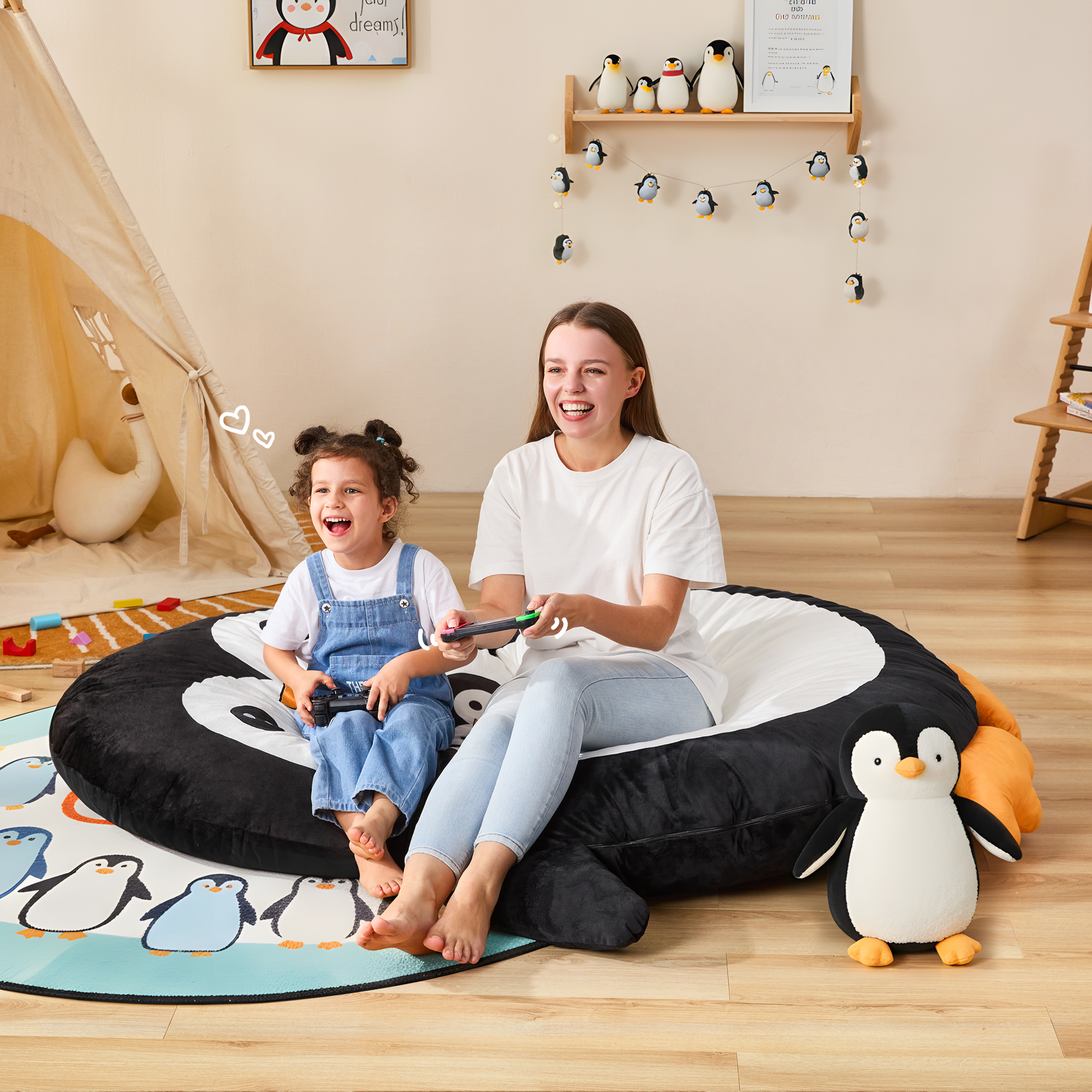 Hobestluk Bean Bag Chairs Bean Bag Floor Cushion Sleeping Mat Bean Bag Chair for Adults Beanbag Lounger for Living Room Bedroom or Playroom (Black, Medium, Penguin)