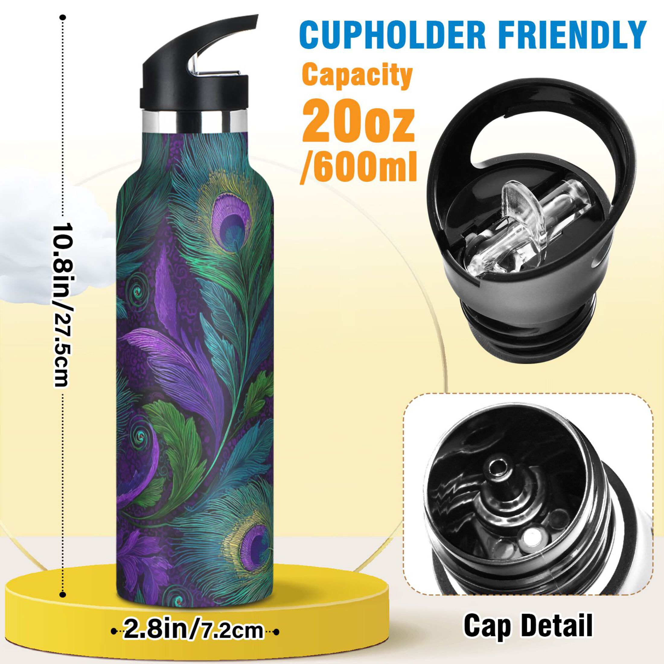 Kids Insulated Stainless Steel Sports Water Bottle 600ml (20oz) Peacock Feathers Pattern