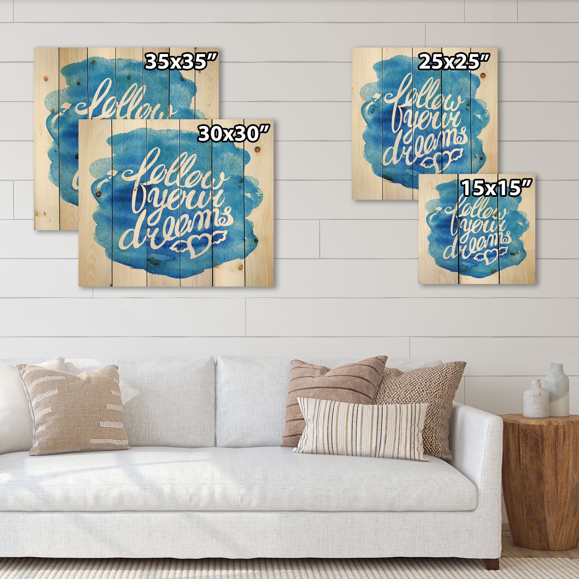 Designart 'Follow Your Dreams On Blue I' Modern Print on Natural Pine Wood