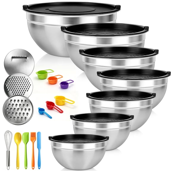 stusgo 7 Pcs Mixing Bowls with Lids （5、4、3、2、1.5、1、0.75Q），21 Pcs Stainless Steel Mixing Bowls Set-Black